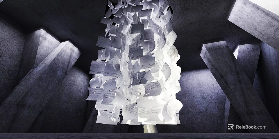Hanging Art Installation With White Paper Pieces In Modern Interior Space 3d model 
