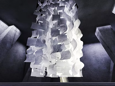 Hanging Art Installation With White Paper Pieces In Modern Interior Space 3d model