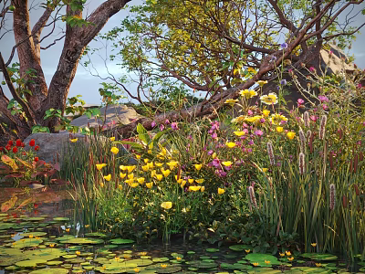 Lush Arbor with Pond and Water Lily Leaves Surrounded by Yellow Pink Flowers and Rocks 3d model