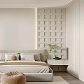 Modern Minimalist Bedroom With Neutral Tones Grid Pattern Wall And Floor to Ceiling Windows 3d model