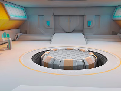 Cartoon Futuristic Interior Scene With Circular Platform Glowing Windows And Steps 3d model