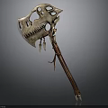 Decorative Battle Axe With Skull Shaped Head Intricate Carved Details And Wooden Handle