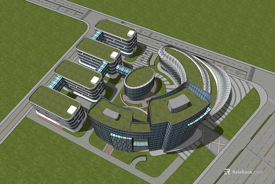 Modern Office Building Complex With Green Roofs Circular Glass Facades And Curved Structures 3d model