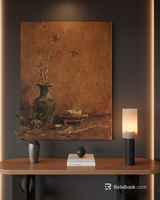 Botanical Painting in Interior Decor with Potted Plant Table Lamp and Decorative Objects 3d model