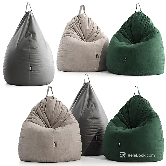 Comfortable Modern Bean Bag Chairs With Gray Beige Green Colors And Soft Velvet Fabric 3d model 