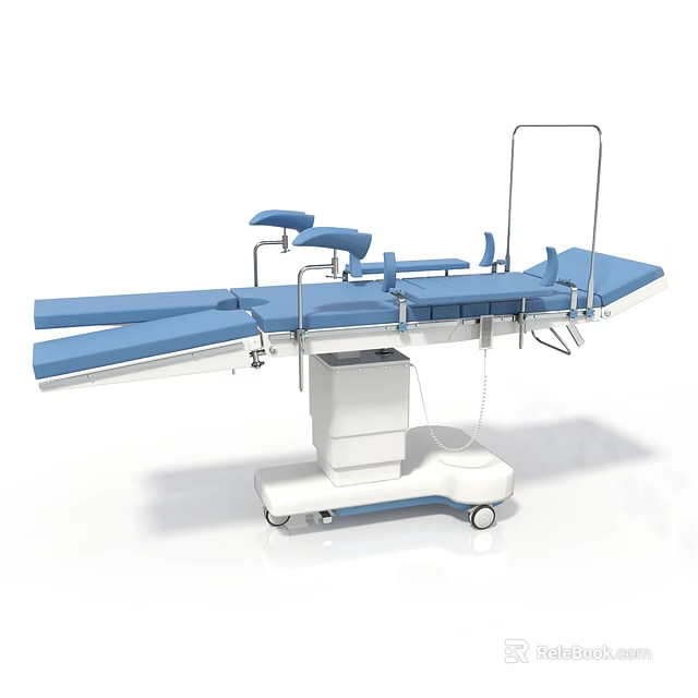 Medical Surgical Operating Table With Adjustable Blue Mattress And Rolling Wheels 3d model 
