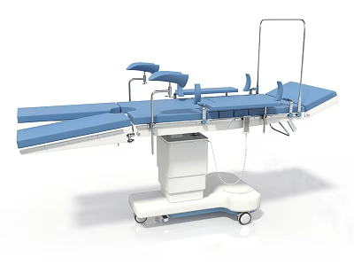 Medical Surgical Operating Table With Adjustable Blue Mattress And Rolling Wheels 3d model