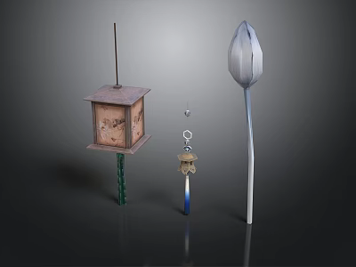 Decorative Ornaments Collection Featuring Wooden Lantern Hanging Ornament And Bud Shaped Pole 3d model