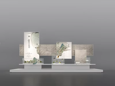 Elegant Modern Exhibition Display Shelves With Artwork And Map Design Panels 3d model