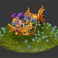 Yellow Winged Horse And Pony With Purple Blue Mane On Green Grass With Small Flowers