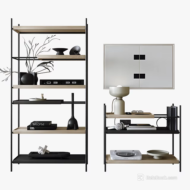 Modern Open And Closed Shelving Unit With Wooden Shelves Metal Frame And Decorative Items 3d model 