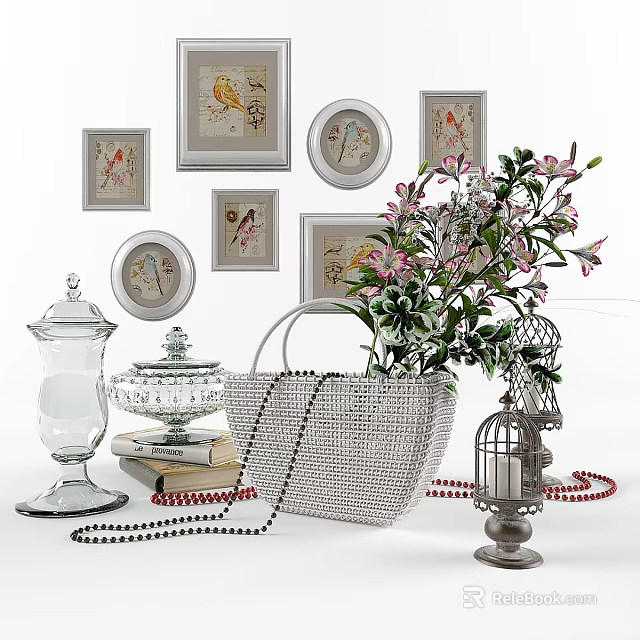 Modern Ornamental Decor Collection With Framed Art Floral Vase Glass Jars And Handbag Decor 3d model 