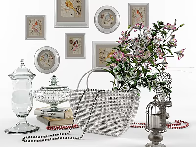 Modern Ornamental Decor Collection With Framed Art Floral Vase Glass Jars And Handbag Decor 3d model