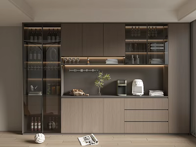 Modern Wine Cabinet Interior Design With Glass Doors Wine Bottles Glasses And Drawers 3d model