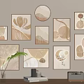 Abstract Paintings with Beige Gold Tones Botanical Elements in Varied Shaped Frames Wall Arrangement 3d model