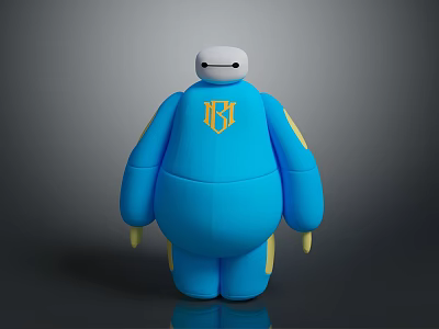 Blue Baymax Character With Golden Logo Standing In Studio Lighting 3d model