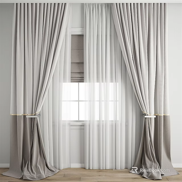 Modern Light Gray Curtains With White Sheer Panels And Tiebacks For Window 3d model
