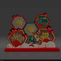 Chinese New Year Spring Decoration Featuring Rabbit Fu Character Red Clouds And Floral Hexagonal Frames 3d model