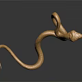 Golden Snake Sculpture With Curved Body On Dark Background With Reflection