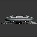 Modern Round Stadium Architecture With Green Turf And Blue Seats Design