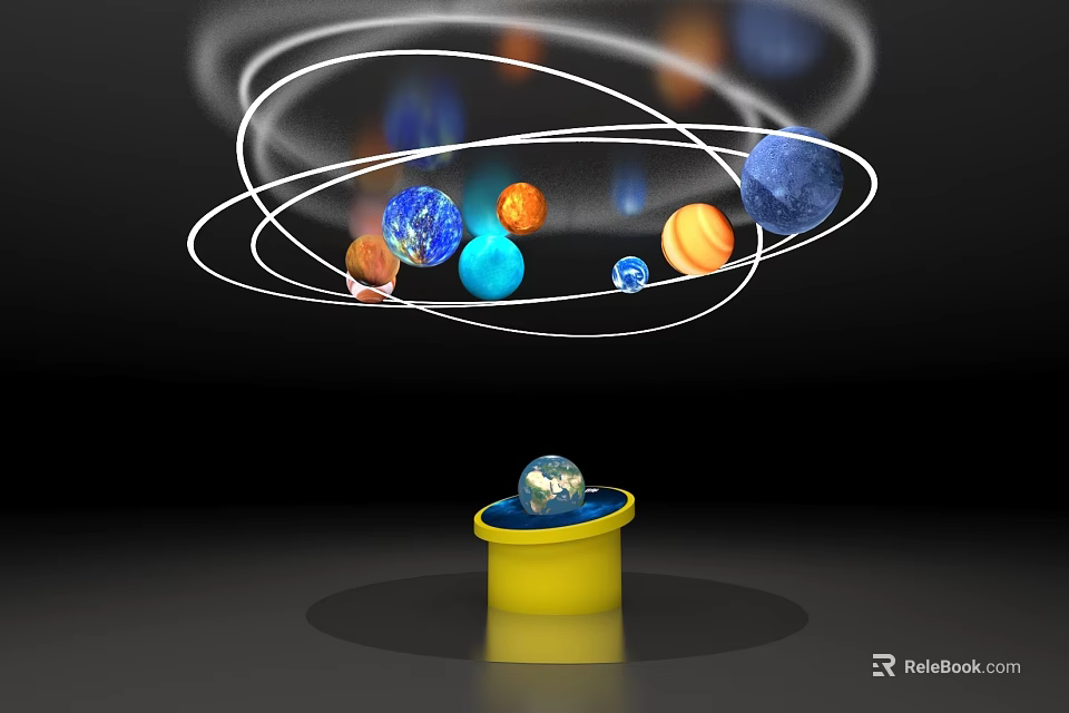 Planets Orbiting Around Globe in Yellow Bucket on Black Background 3d model 