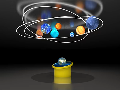 Planets Orbiting Around Globe in Yellow Bucket on Black Background 3d model