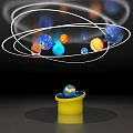 Planets Orbiting Around Globe in Yellow Bucket on Black Background 3d model