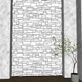 Decorative Stone Brick Wall in Modern Interior with Potted Green Plant and Wooden Floor