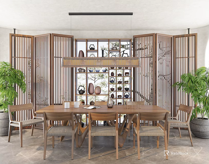 Natural Wooden Restaurant Interior With Wooden Screens Display Shelf Tea Sets And Green Plants 3d model 