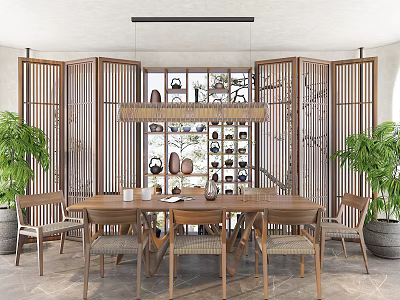 Natural Wooden Restaurant Interior With Wooden Screens Display Shelf Tea Sets And Green Plants 3d model