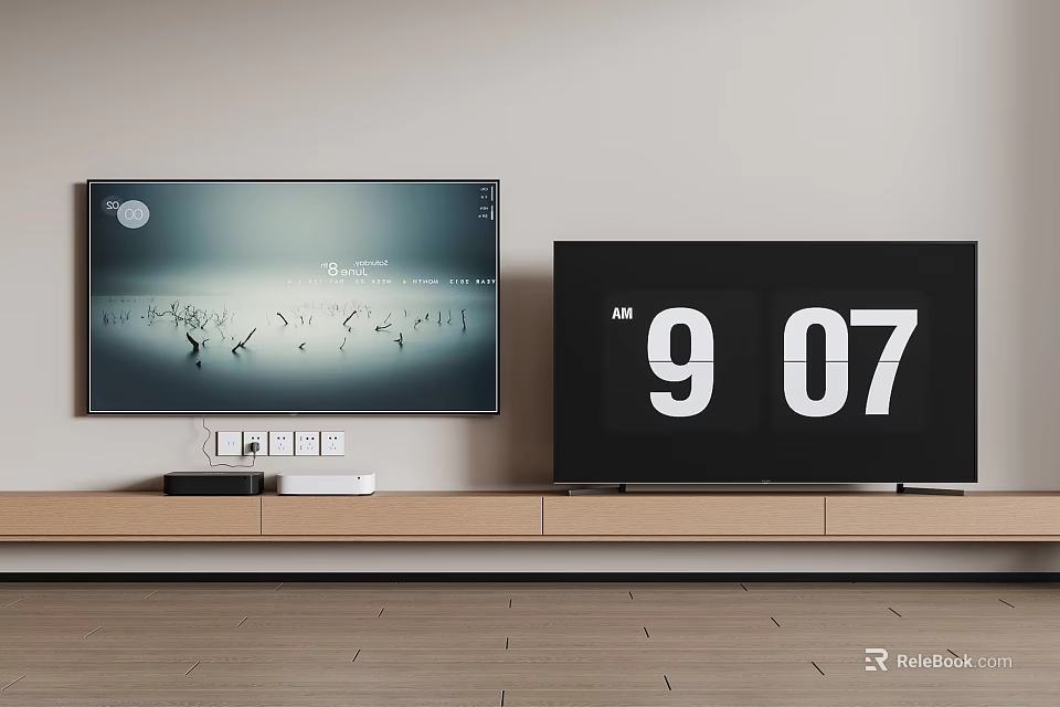 Modern Living Room With Two TVs on Wooden Stand Display Evening Scene and Time 907 3d model 
