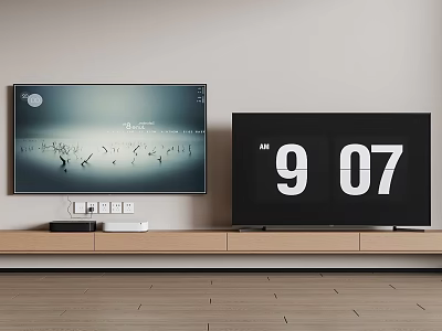 Modern Living Room With Two TVs on Wooden Stand Display Evening Scene and Time 907 3d model