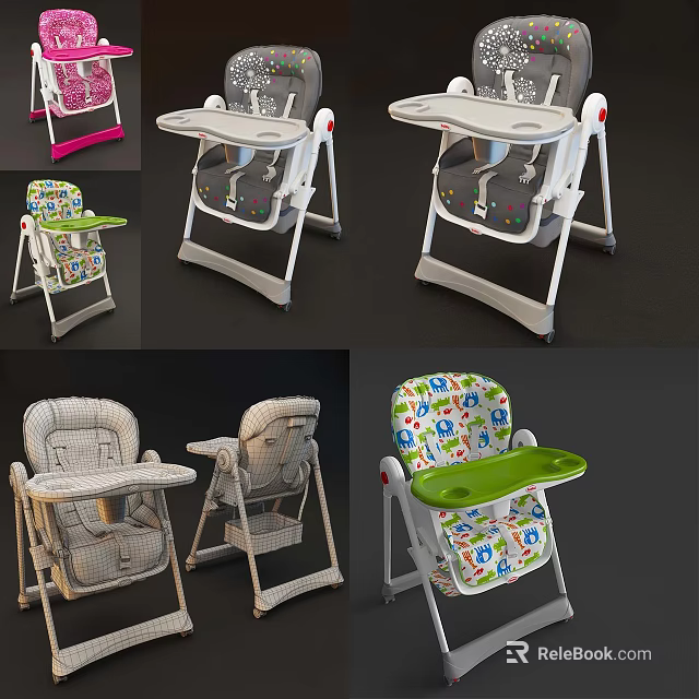 Various Designed Baby High Chairs With Colorful Seats Patterned Trays And Foldable Structures 3d model 