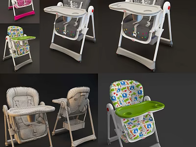 Various Designed Baby High Chairs With Colorful Seats Patterned Trays And Foldable Structures 3d model