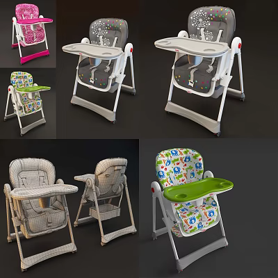 Various Designed Baby High Chairs With Colorful Seats Patterned Trays And Foldable Structures 3d model