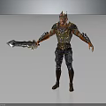 Ornate 3D Warrior Character Wearing Detailed Armor Holding Decorative Sword With Red Gold Accents