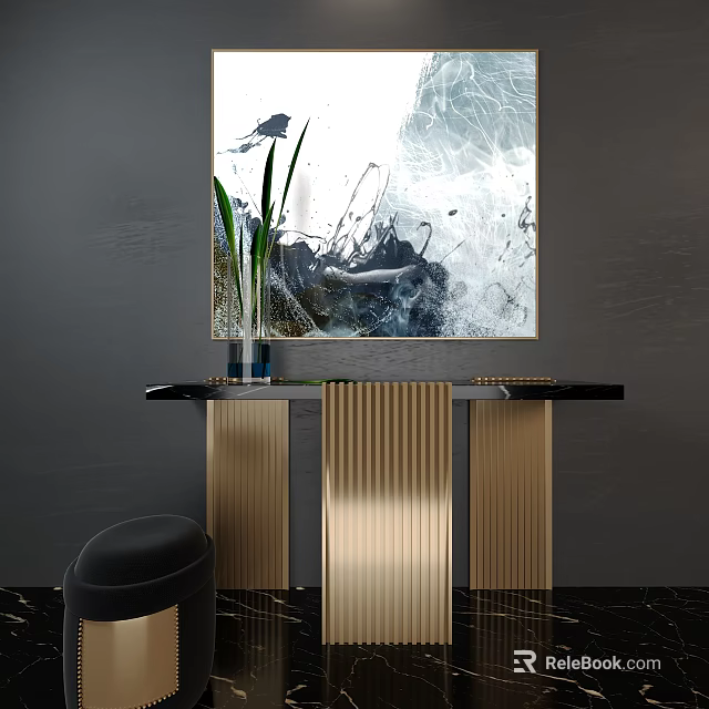 Modern Luxury Console Table Interior With Abstract Painting Green Plants And Golden Legs 3d model 