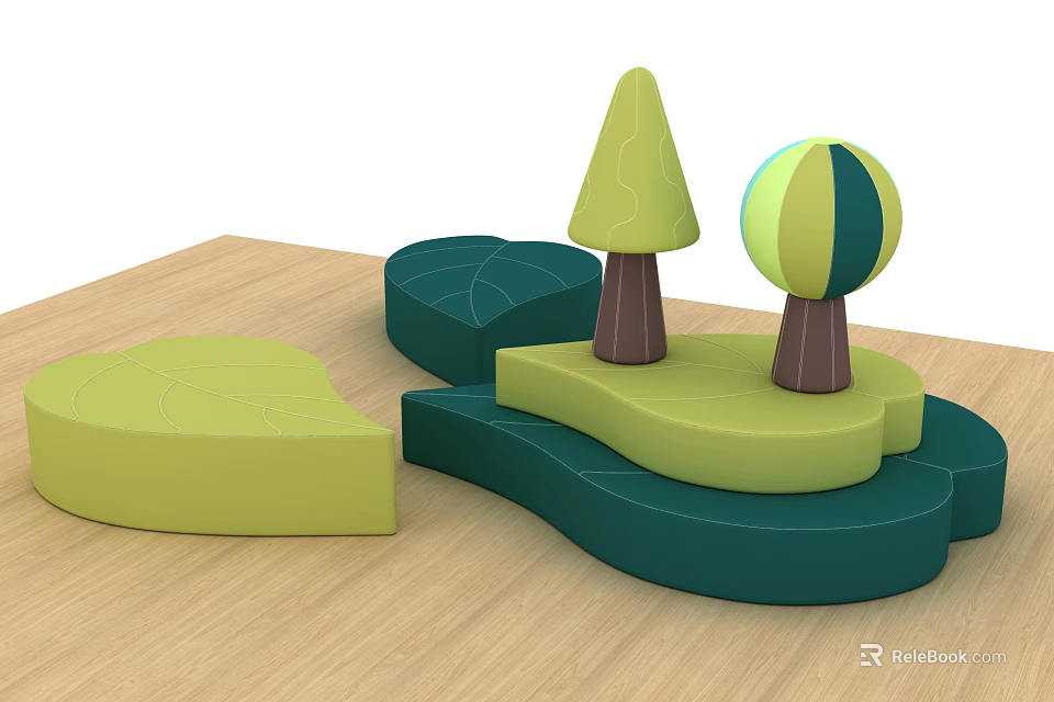 Cozy Leisure Area With Green Yellow Geometric Shapes Tree Leaf Designs And Wooden Floor 3d model 