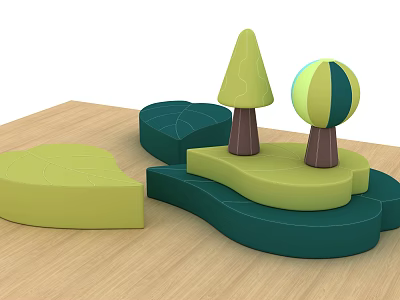 Cozy Leisure Area With Green Yellow Geometric Shapes Tree Leaf Designs And Wooden Floor 3d model