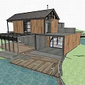 Detached Waterfront Villa With Wooden Structure Glass Elements Outdoor Deck And Boat Among Palm Trees