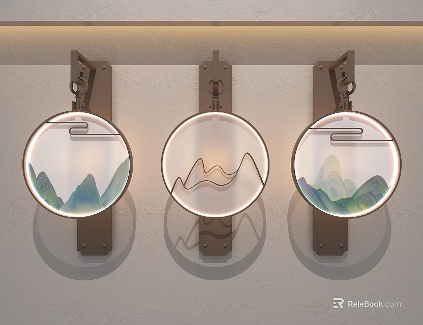 Three Modern Circular Wall Lamps With Mountain And Line Patterns For Interior Decoration 3d model