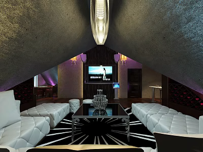 Luxurious Modern KTV Lounge Interior With White Leather Sofas Large TV Screen And Chandelier 3d model
