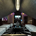 Luxurious Modern KTV Lounge Interior With White Leather Sofas Large TV Screen And Chandelier