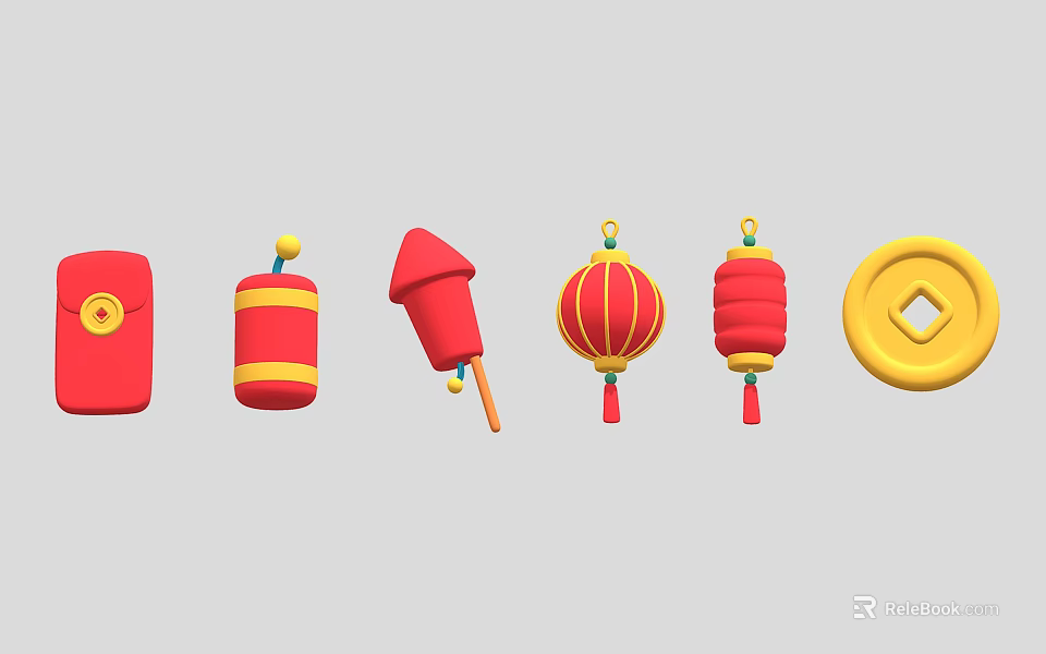 Traditional Chinese Festive Red Yellow Decorative Ornament Set With Envelope Firecracker Lantern And Gold Ingot 3d model 