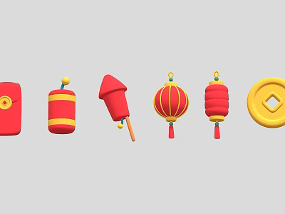 Traditional Chinese Festive Red Yellow Decorative Ornament Set With Envelope Firecracker Lantern And Gold Ingot 3d model