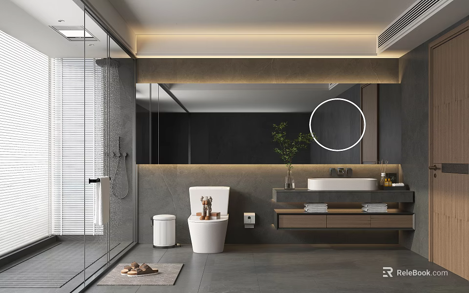 Modern Bathroom With Glass Shower Large Round Mirror White Toilet Wooden Vanity And Green Plant 3d model 