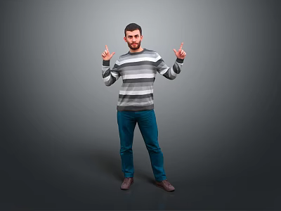Man In Striped Sweater And Blue Jeans Gesturing Against Gray Background 3d model