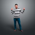 Man In Striped Sweater And Blue Jeans Gesturing Against Gray Background