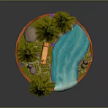 Scenic Landscape with Tall Pine Trees Blue River Small Waterfall Wooden Log and Purple Flowers