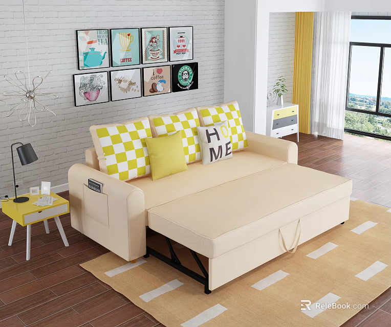Beige Three Seater Sofa With Yellow White Checkered Cushions And Pull Out Bed 3d model 